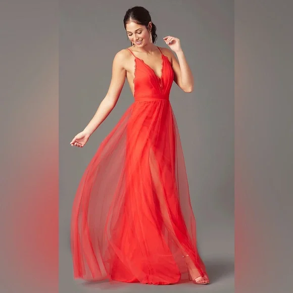 NWT PromGirl Long Open-Back Formal Tulle Prom Dress Red Deep Slit Sides Ballgown - Picture 1 of 9